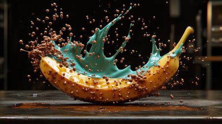A playful and artistic representation of a banana covered in vibrant blue paint and chocolate, capturing a dynamic splash that evokes creativity and fun in food photography.の素材