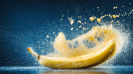 A dynamic shot of a banana splashing in water, showcasing a remarkable spray of droplets and vibrant colors, ideal for food lovers and creative projects.の素材