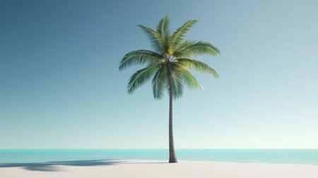 A stunning palm tree stands gracefully on a white sandy beach, with a tranquil turquoise ocean and clear blue sky creating a serene tropical atmosphere perfect for relaxation.の素材