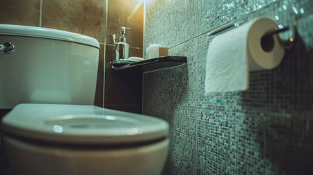 A stylish and modern bathroom scene featuring elegant fixtures, mosaic wall tiles, and warm lighting, emphasizing cleanliness and contemporary design. Ideal for home decor inspiration.の素材