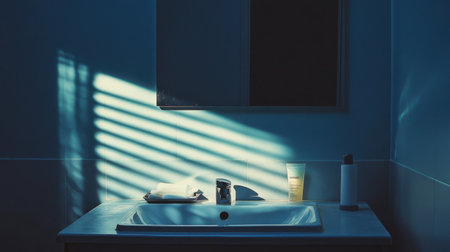 A tranquil and minimalistic bathroom setting featuring a clean sink, neatly arranged towels, and soft lighting that creates a calming atmosphere for personal care.の素材