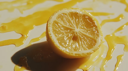 A vibrant half lemon rests on a light surface, surrounded by freshly squeezed lemon juice. This image captures the essence of freshness, perfect for culinary uses and food photography.の素材
