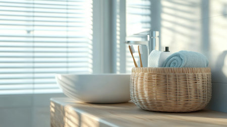 A bright and serene bathroom setting showcases a soft towel, woven basket, and modern sink, illuminated by natural light, creating a relaxing atmosphere for personal care.の素材