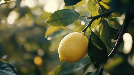 A vibrant lemon hangs from a tree branch, surrounded by lush green leaves, evoking a sense of freshness and nature's beauty in a sunny orchard setting.の素材