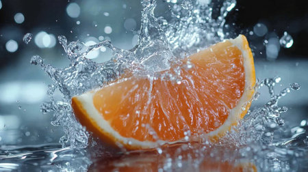 A vibrant orange slice splashes into water, creating dynamic droplets and ripples, showcasing the fruit's juicy texture and bright color in a captivating visual experience.の素材