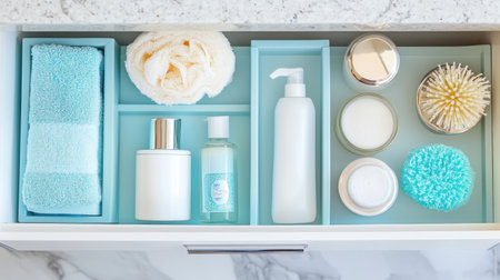 A neatly organized bathroom drawer showcases light blue accessories, including towels and skincare products, ideal for creating a serene and tidy space.の素材