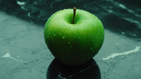 A vibrant green apple glistens with water droplets on a dark marble surface, evoking freshness and natural beauty ideal for health and culinary themes.の素材