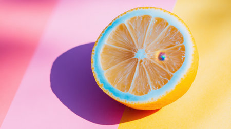 A stunning half lemon rests on a colorful background of pink and yellow, emphasizing its juicy texture and fresh appeal, perfect for food photography or vibrant designs.の素材