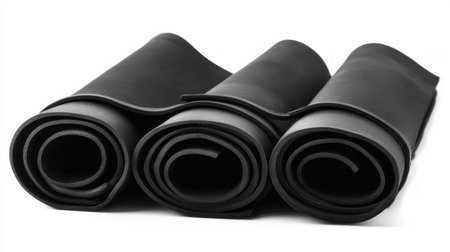 Three rolls of black foam material neatly stacked, perfect for sports, craft projects, or protective surfaces, showcasing sleek and smooth texture ideal for various uses.の素材