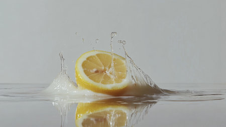 A vibrant lemon slice makes a splash as it hits the water, creating dynamic movement and a refreshing representation of citrus flavor ideal for culinary projects.の素材