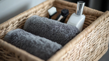 A cozy collection of soft gray towels beautifully displayed in a woven basket, accompanied by essential grooming items, perfect for enhancing bathroom aesthetics and relaxation.の素材