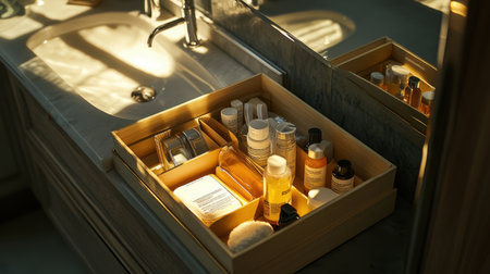 A beautifully organized bathroom vanity features a wooden tray filled with various skincare products, bathed in gentle natural light, providing a serene and inviting atmosphere.の素材