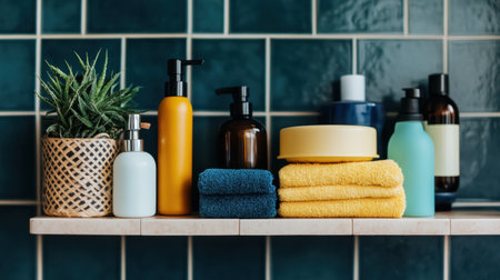 A beautiful display of various skincare products and vibrant towels on a bathroom shelf, enhanced by a touch of greenery, creating a serene and organized atmosphere.の素材