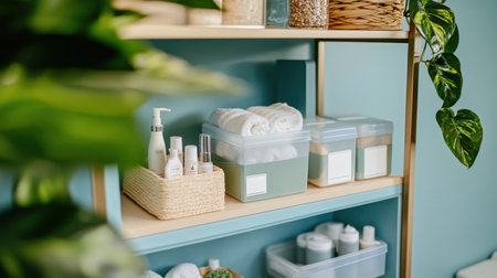 Bright and inviting bathroom shelves featuring organized skincare products, soft towels, and decorative plants create a fresh and calming atmosphere for self-care routines.の素材