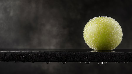 A vibrant green apple glistens with moisture on a sleek black surface, set against a soft gray background, perfect for capturing the essence of freshness and health.の素材