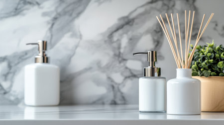 This image showcases a beautifully arranged bathroom countertop with a white soap dispenser and an aromatic reed diffuser set against a luxurious marble backdrop.の素材