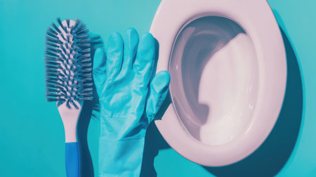 A vibrant representation of cleaning tools beside a toilet bowl highlights essential supplies for maintaining hygiene in bathrooms, emphasizing the importance of cleanliness in everyday life.の素材