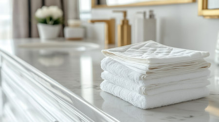 Neatly arranged white towels atop a marble bathroom countertop enhance the elegance and tranquility of the space, ideal for creating a serene and luxurious atmosphere.の素材