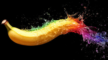 A vibrant yellow banana bursts through a splash of colorful water droplets against a deep black background, creating a visually striking and energetic composition ideal for modern design projects.の素材