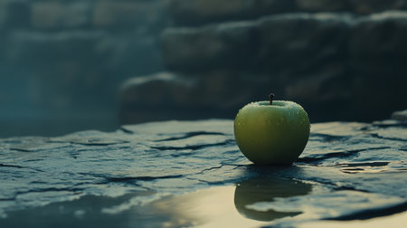 A vibrant green apple resting on a wet stone surface, surrounded by soft mist. This tranquil scene evokes natural beauty, ideal for health and food-related themes.の素材