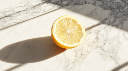 A halved lemon rests on a polished marble surface, illuminated by natural light, casting soft shadows that enhance its vibrant color and texture, perfect for cooking and lifestyle themes.の素材