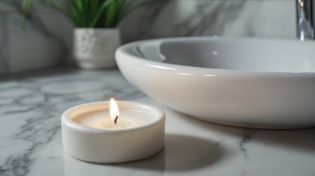 Soothing bathroom setting featuring a lit candle beside a sleek white sink on a marble countertop, creating a peaceful atmosphere ideal for relaxation and self-care.の素材