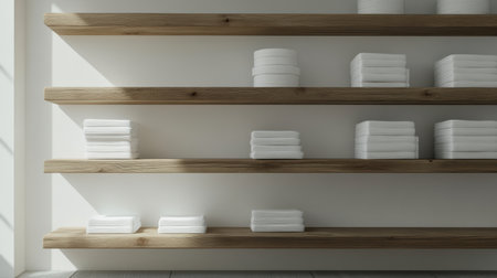 Bright and airy bathroom scene featuring neatly stacked white towels on wooden shelves. Ideal for showcasing minimalist design and enhancing home decor projects.の素材