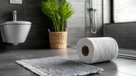 A tranquil and modern bathroom scene showcasing a roll of toilet paper on a soft rug, complemented by a stylish basket with lush greenery, perfect for promoting relaxation and comfort.の素材