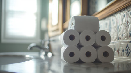 Neatly arranged rolls of white toilet paper on a bathroom counter showcase cleanliness and organization, set against an elegant mirror in soft natural light.の素材
