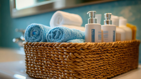 A beautifully arranged collection of soft towels and skincare products in a woven basket creates a serene bathroom atmosphere perfect for relaxation and self-care.の素材