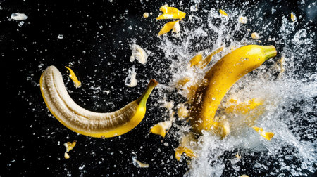 A stunning image of bananas splashing against a black background, showcasing vibrant colors and motion, ideal for food-related projects and dynamic visual presentations.の素材