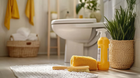 A cozy bathroom scene showcasing vibrant yellow cleaning supplies, fresh towels, and a decorative plant, exuding a sense of cleanliness and organization for daily routines.の素材