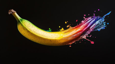A vibrant banana splashing colorful liquid on a black background, showcasing creativity and freshness in food photography, perfect for projects related to fun and health.の素材