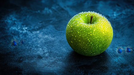 A captivating close-up of a fresh green apple adorned with water droplets, set against a dark textured background, highlighting its vibrant color and natural beauty.の素材