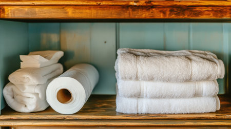 This image features neatly arranged white towels and paper towels on a wooden shelf, showcasing a perfect blend of cleanliness and aesthetic appeal for a modern home.の素材