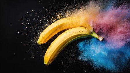 Two ripe bananas are artistically enhanced by vibrant splashes of colored powder against a black background, creating a unique and eye-catching food photography composition.の素材