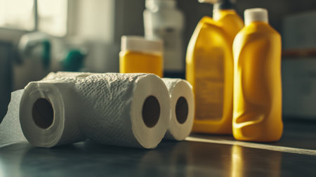 This image showcases paper towels alongside vibrant yellow cleaning products in a contemporary kitchen, emphasizing cleanliness and home care in a warm light setting.の素材