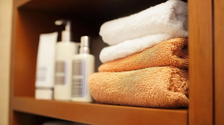 An inviting shelf displaying neatly arranged soft towels and skincare bottles, capturing the essence of comfort and hygiene in a serene bathroom environment.の素材