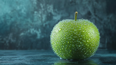A vibrant green apple adorned with glistening water droplets stands prominently against a textured background, embodying freshness and health. Perfect for culinary and wellness themes.の素材