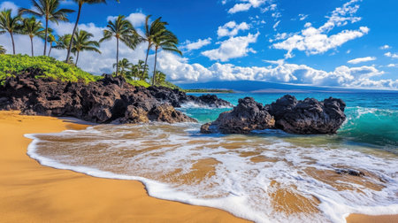Beautiful tropical beach scene featuring lush palm trees, rocky shoreline, and clear blue water under a picturesque sky with white clouds, perfect for vacation and relaxation.の素材