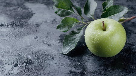 A vibrant green apple rests on a dark textured surface, adorned with water drops. This image captures the essence of freshness and organic food ideal for health-related themes.の素材
