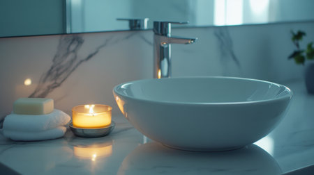 A tranquil bathroom setting featuring a modern washbasin, soft candlelight, and elegant marble accents that create a perfect atmosphere for relaxation and self-care.の素材