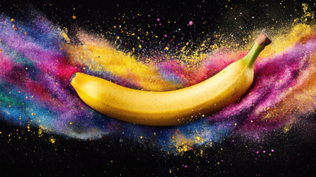 A striking image of a banana artistically placed against a black background, accompanied by a colorful explosion of powder, highlighting freshness and creativity in food photography.の素材