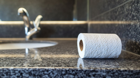 A neatly placed roll of paper towels rests on a sleek granite countertop beside a chrome faucet, embodying modern bathroom aesthetics and usability.の素材
