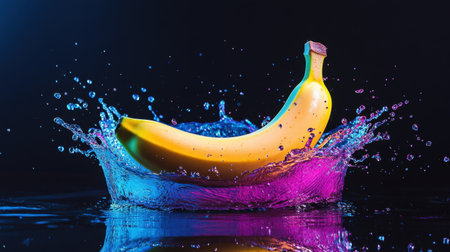 A stunning banana splashes into colorful water, creating dynamic waves and reflections. This vibrant image captures the freshness and beauty of fruit in motion, perfect for creative designs.の素材