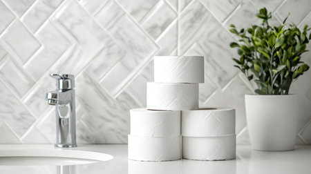 A stylish bathroom setup featuring neatly stacked white toilet paper rolls, a sleek faucet, and a potted plant against marble tiles, perfect for home decor ideas.の素材