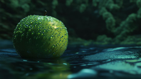A vibrant green apple adorned with water droplets floats gracefully on calm water, surrounded by rich greenery, creating an enchanting nature-focused atmosphere.の素材
