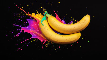 This striking image features vibrant bananas surrounded by colorful paint splashes on a black background, capturing a bold and artistic take on food photography.の素材