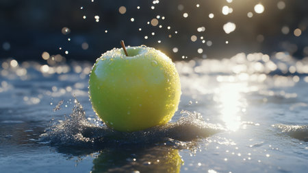 A bright green apple sits on a reflective surface, surrounded by glistening water droplets, perfectly capturing the essence of freshness and vitality in nature.の素材