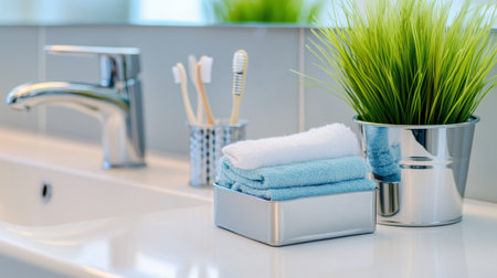 A beautifully organized bathroom scene featuring soft towels stacked neatly, a vibrant plant, and essential toiletries, creating a welcoming and refreshing atmosphere.の素材